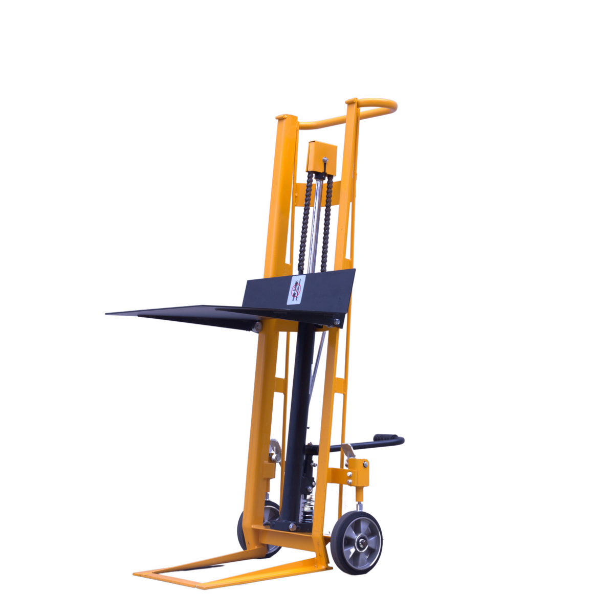 A yellow manual stacker with a black lifting platform, designed for moving and elevating loads, features wheels for easy mobility.