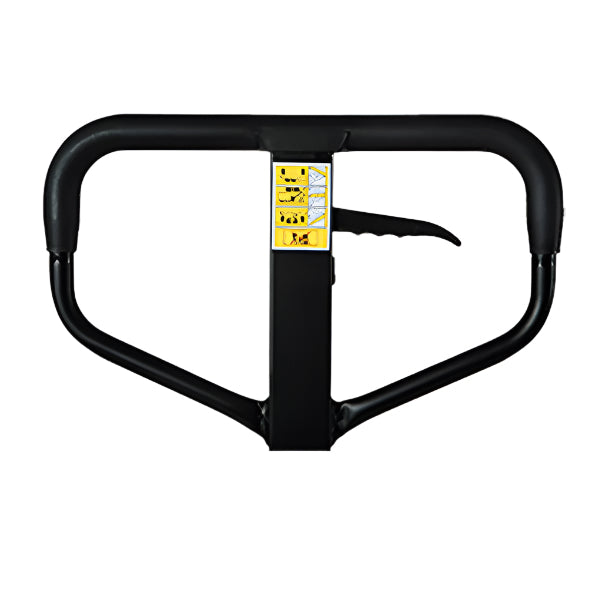 Black, metal lifting handle with a trigger and safety instructions label in the center, designed for efficient maneuvering.