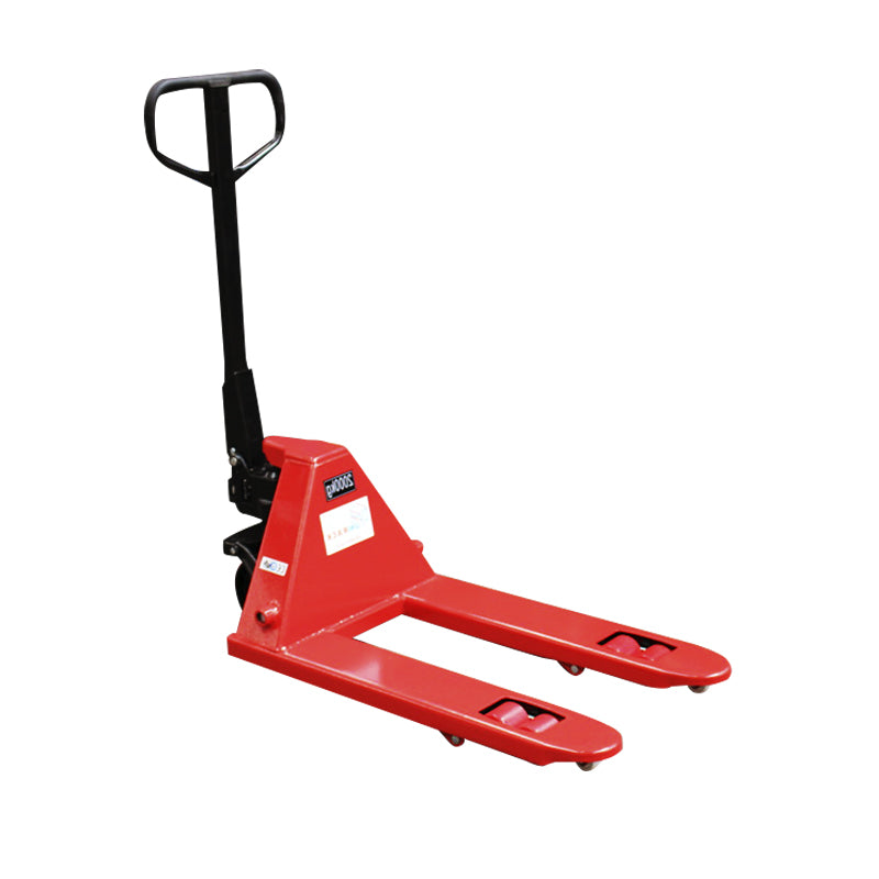 A red manual pallet jack with a black handle, designed for lifting and moving pallets in warehouses.
