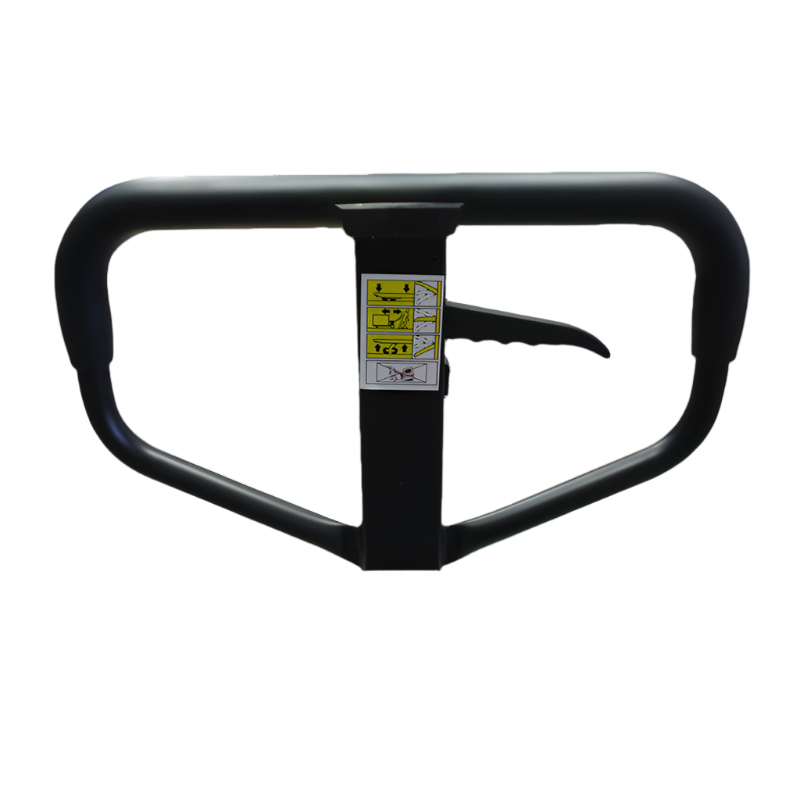 Black pallet jack handle with warning labels.