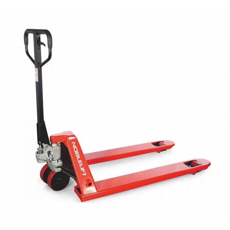 Red pallet jack with a black handle, designed for transporting heavy loads, featuring two forks and robust wheels for easy maneuverability.