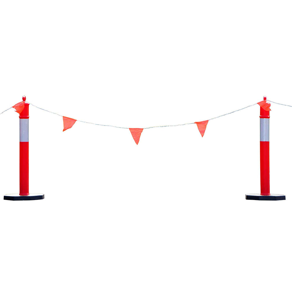 Two red safety bollards connected by a string with orange triangular flags hanging between them, set against a white background.