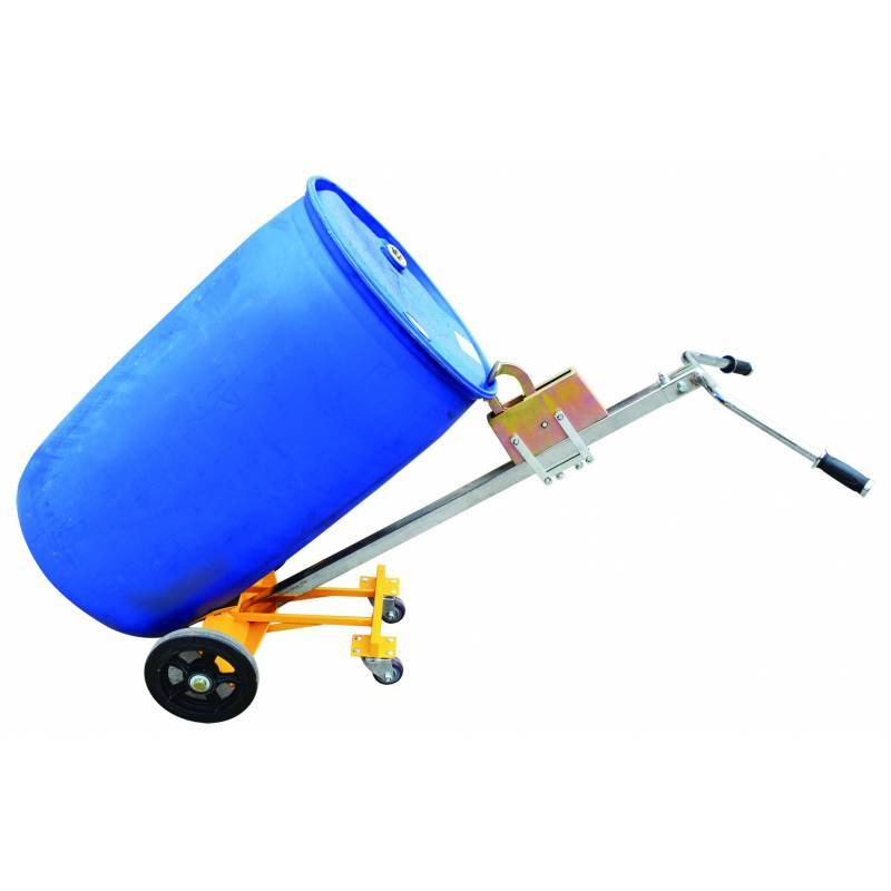 A blue barrel mounted on a trolley with wheels, designed for easy transport and tilting, featuring a handle for maneuverability.