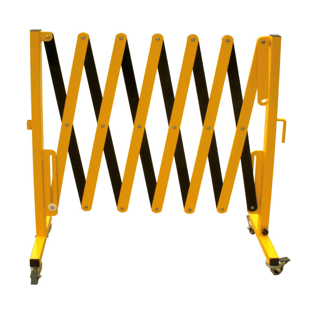 A yellow and black retractable safety barrier, designed to block access, with a zigzag pattern and wheels for mobility.