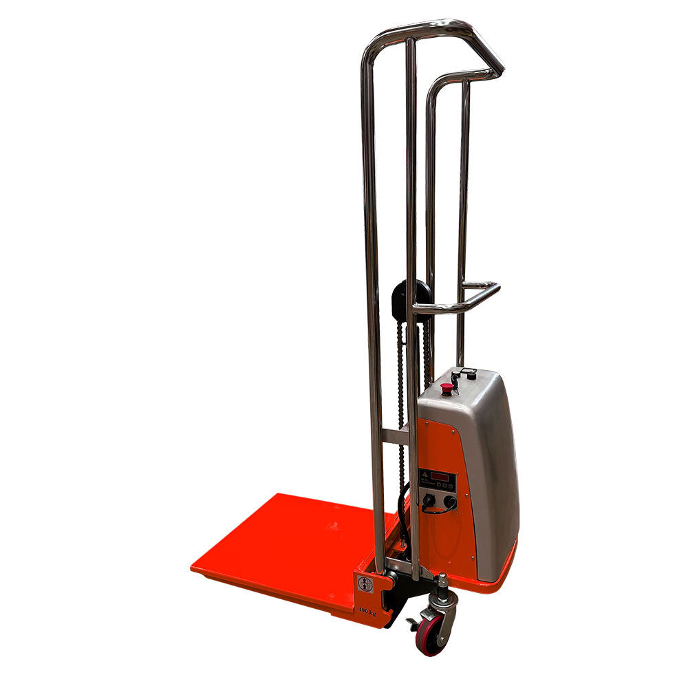 An electric platform stacker with a red platform and chrome handle, designed for easy transport of heavy loads.