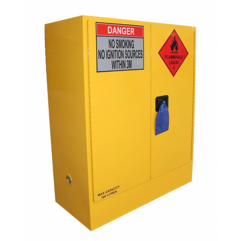 A bright yellow flammable liquid storage cabinet with danger signs, indicating no smoking or ignition sources within 3 meters.
