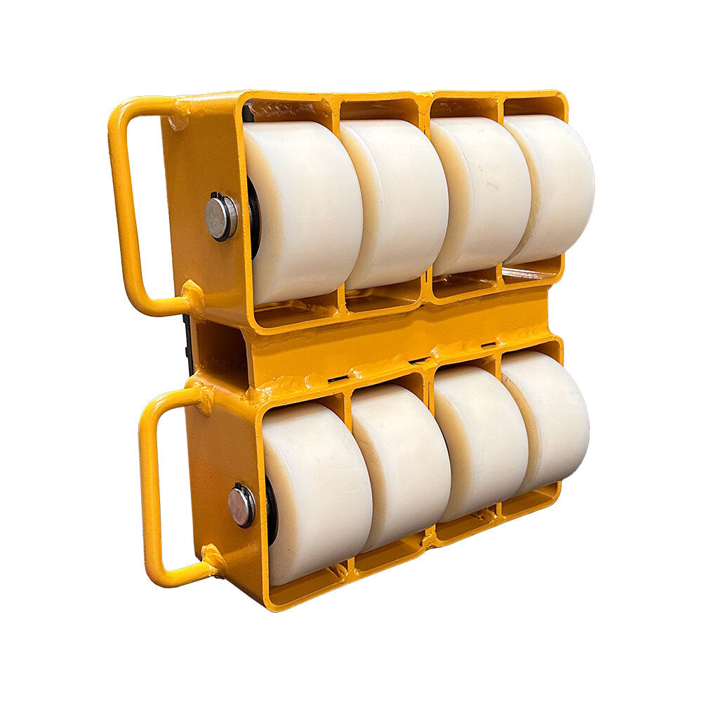 A yellow wheeled dolly with four white rollers on top and four on the bottom, designed for moving heavy loads smoothly.