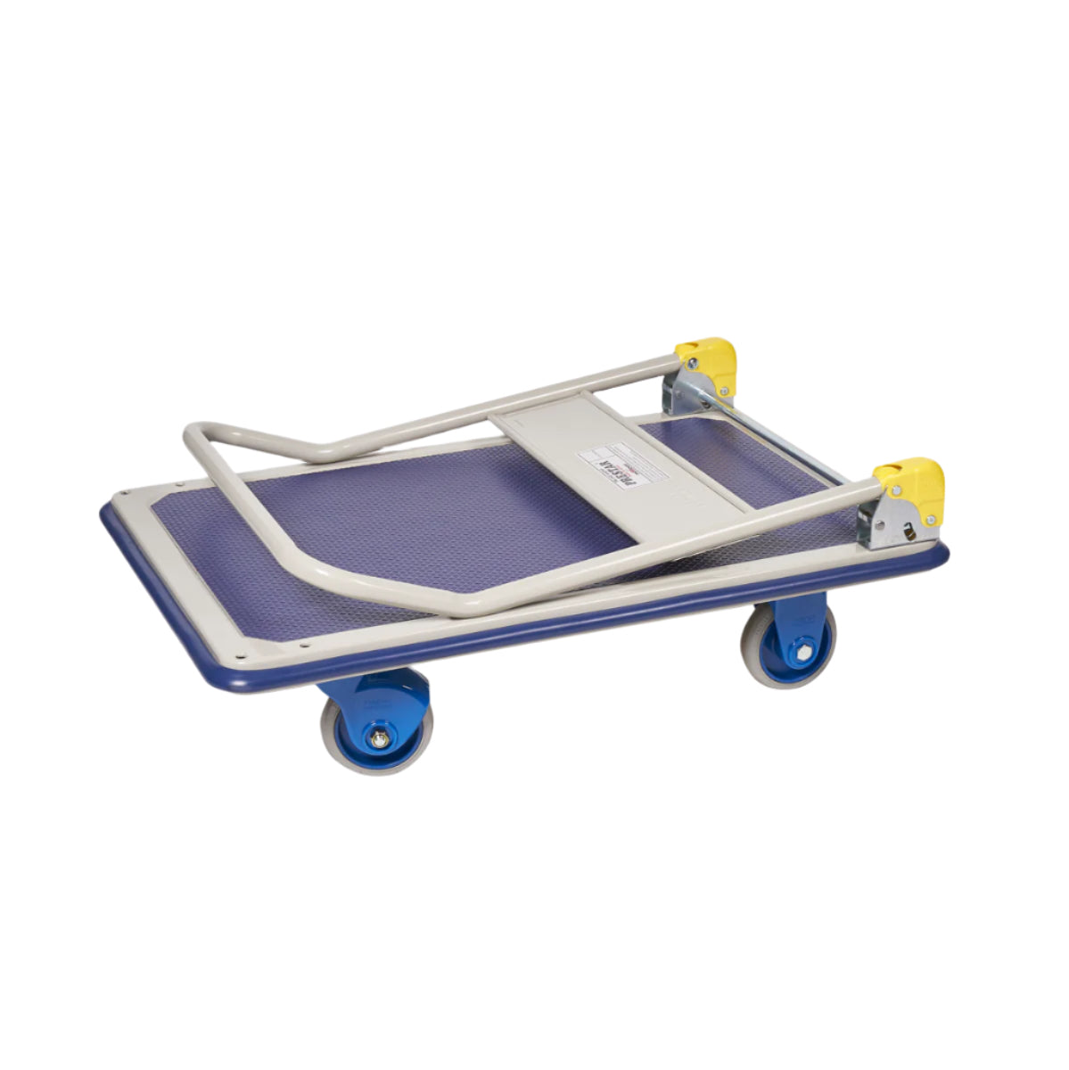 Folding trolley with a blue platform and gray metal frame, featuring yellow wheel locks and swivel wheels for easy maneuverability.