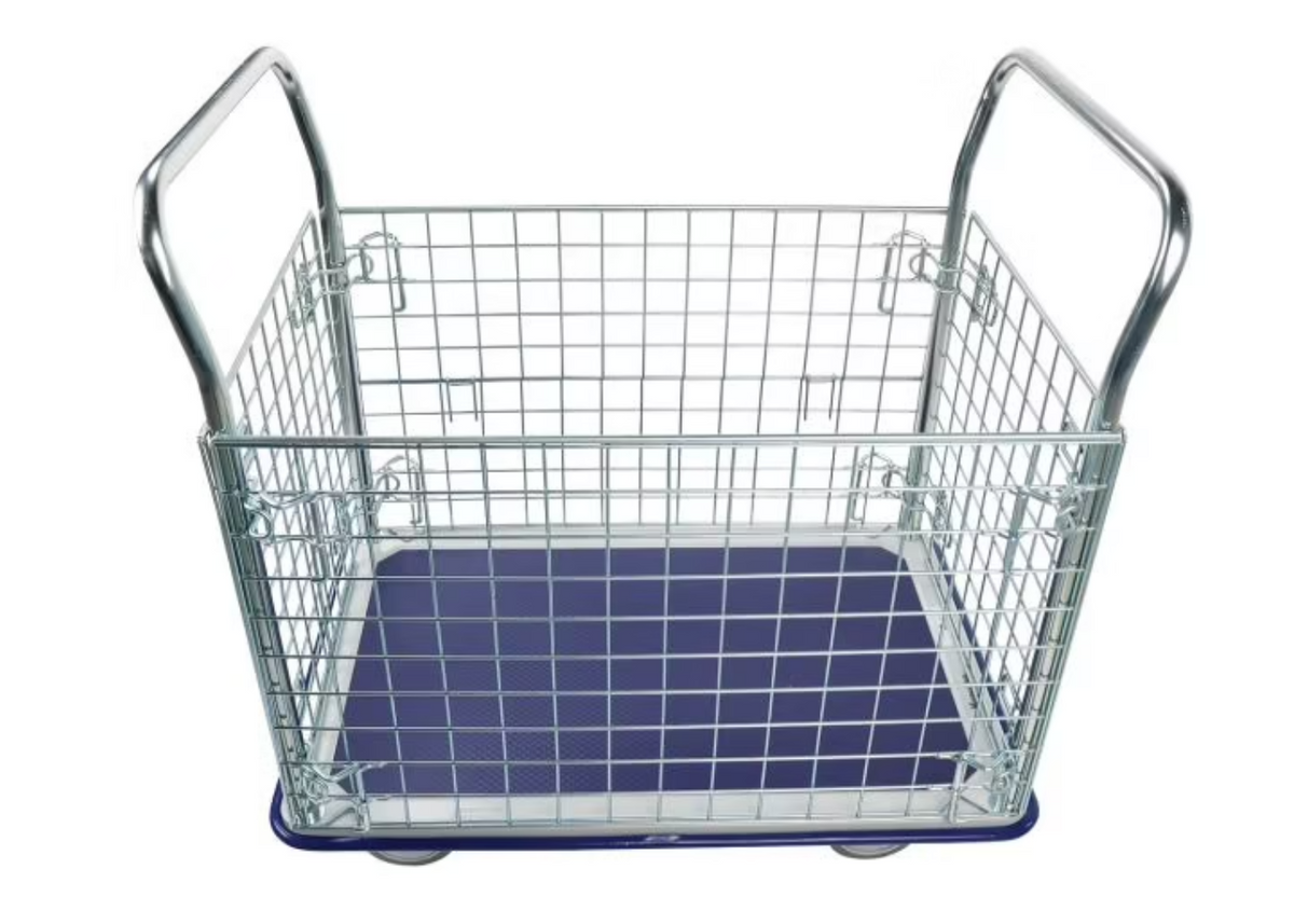 Front view of a metallic, wire mesh storage trolley with two handles, a blue base, and four wheels for easy transport of items.
