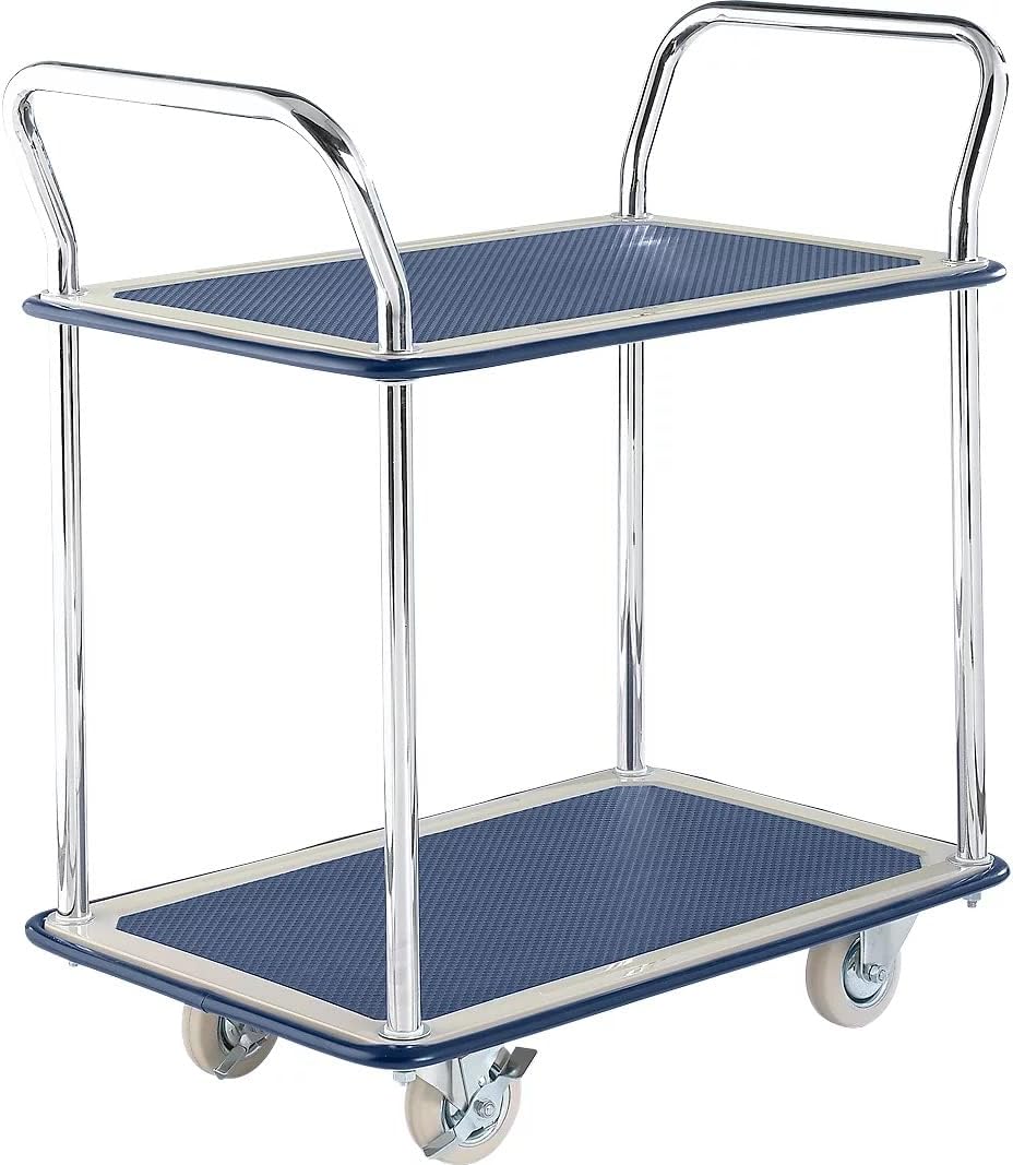 A metallic, two-tier utility cart with blue textured surfaces and chrome handles, featuring four wheels for easy mobility.