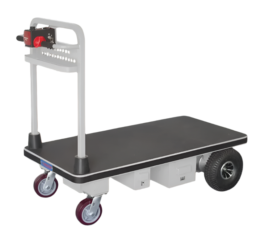 Electric platform cart with a black flatbed, silver handle, control panel, and four wheels, including two larger front tires.