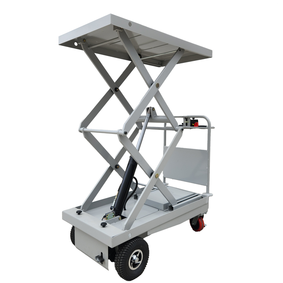 Scissor lift table with a raised platform, hydraulic mechanism, and wheels for mobility, ideal for lifting heavy loads in various settings.