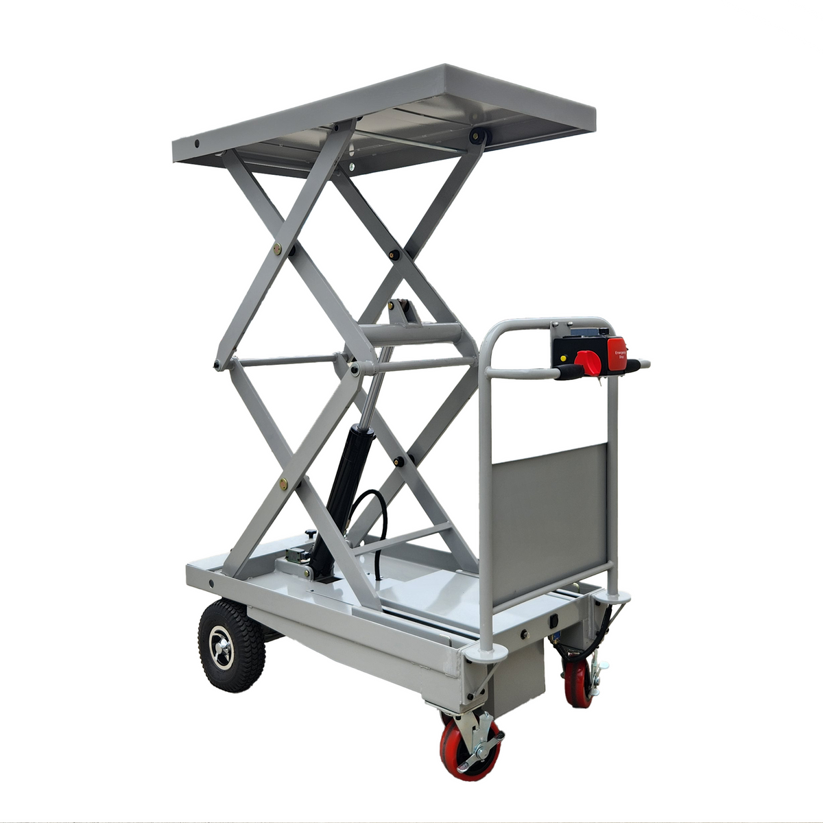 A scissor lift table with a gray metal frame, a flat top, and wheels, featuring a hydraulic system for elevation control.