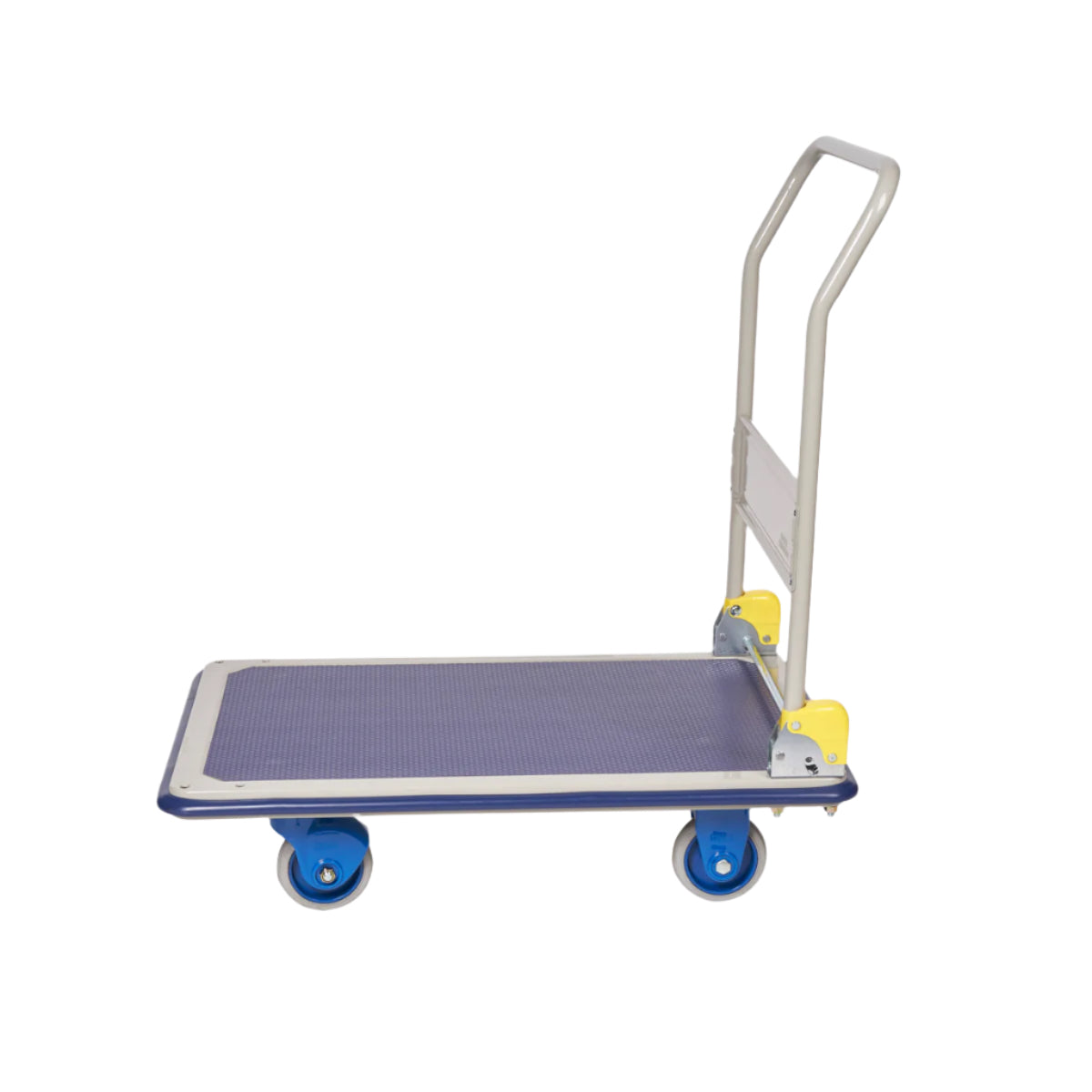 A blue platform cart with a flat surface and wheels, featuring a sturdy handle for easy maneuvering and transport of items.