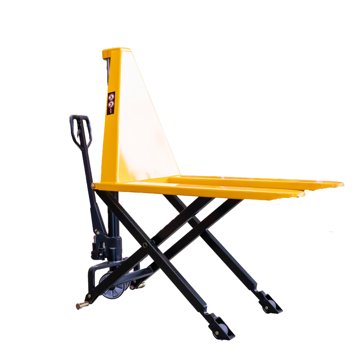 A yellow hydraulic pallet jack with a black frame and wheels, raised for lifting and transporting heavy pallets in warehouses.