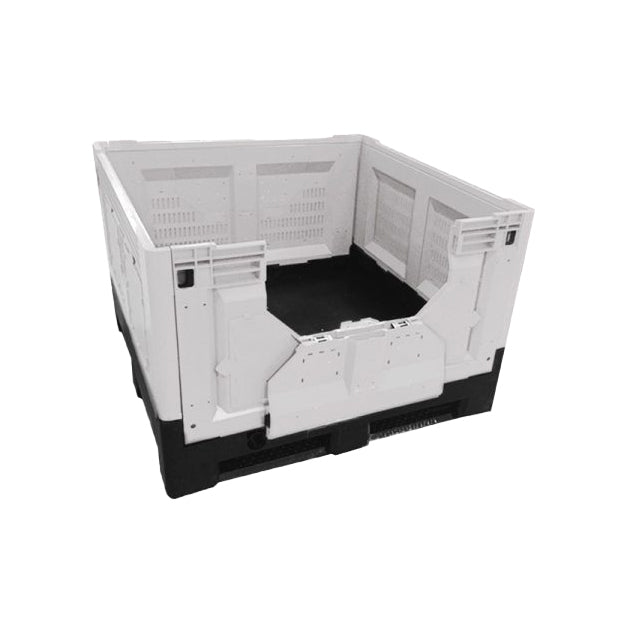 A sturdy, rectangular plastic container with a white body and black base, designed for storage and transportation of goods.