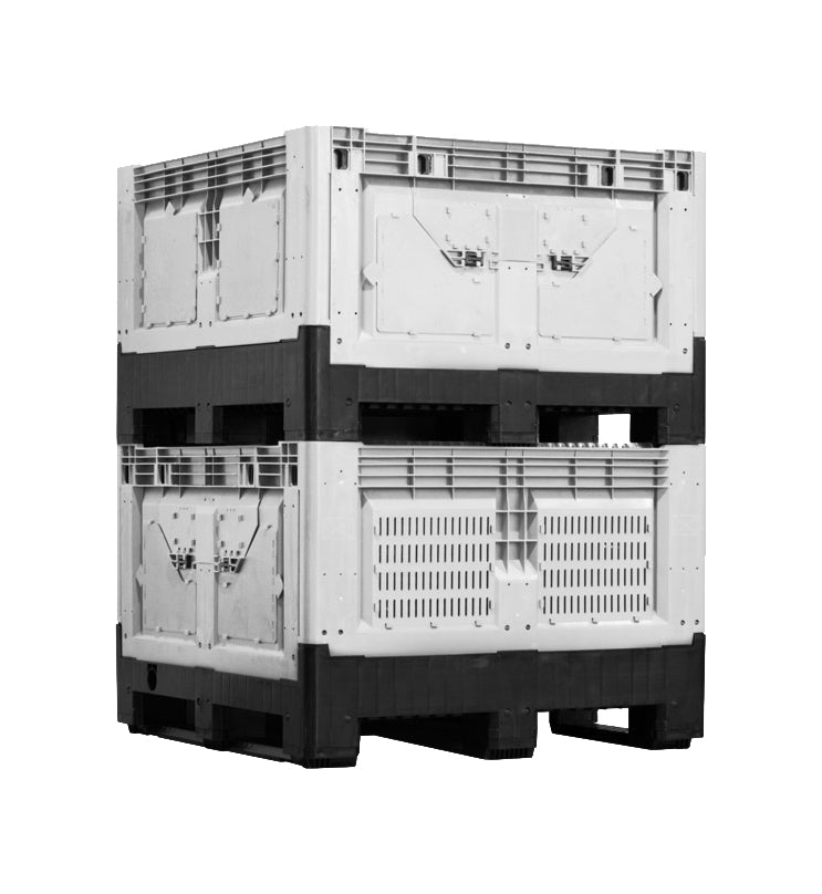 Stacked plastic storage containers with black bases and white tops, designed for industrial or agricultural use.