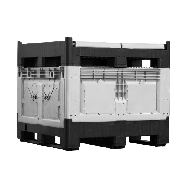 A sturdy, black and white plastic crate designed for storage, featuring reinforced corners and ventilation openings.