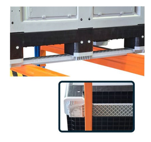 Close-up of a container system with sturdy supports, showcasing orange beams and a detailed view of a connector attachment.