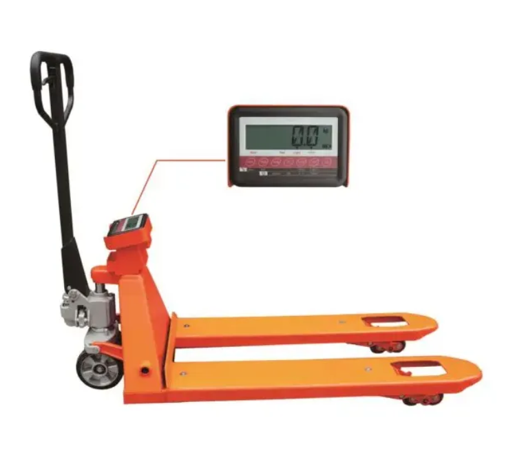 A bright orange pallet jack with a digital weight display, designed for transporting and weighing heavy loads efficiently.
