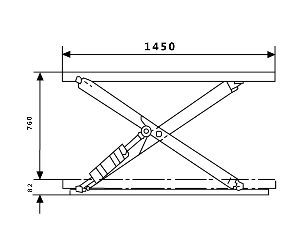 Technical drawing of a scissor lift, showcasing dimensions: length 1450mm, height 760mm, and base width 82mm.