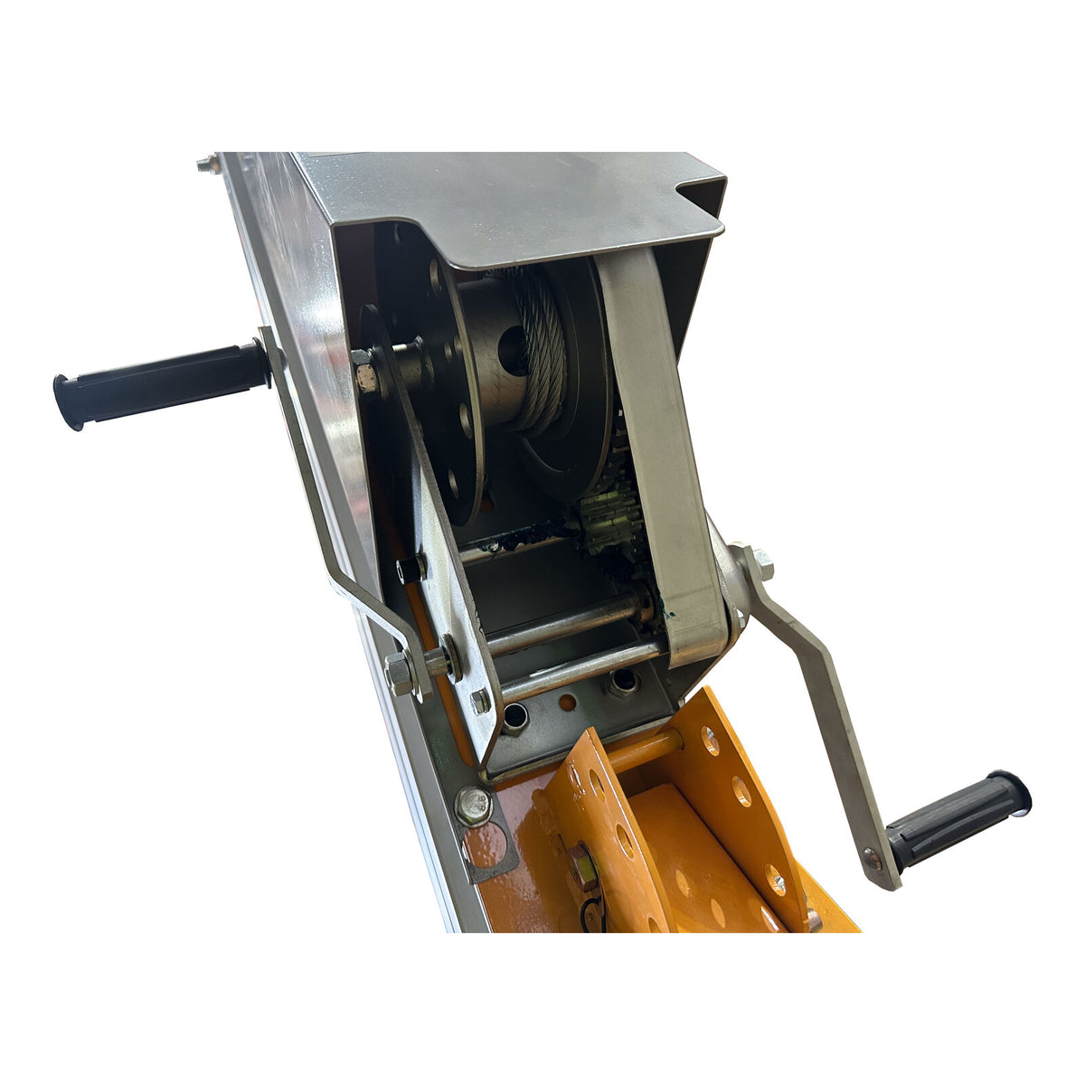 Close-up of a metal winch featuring a steel cable, handle, and a durable orange base for added stability.
