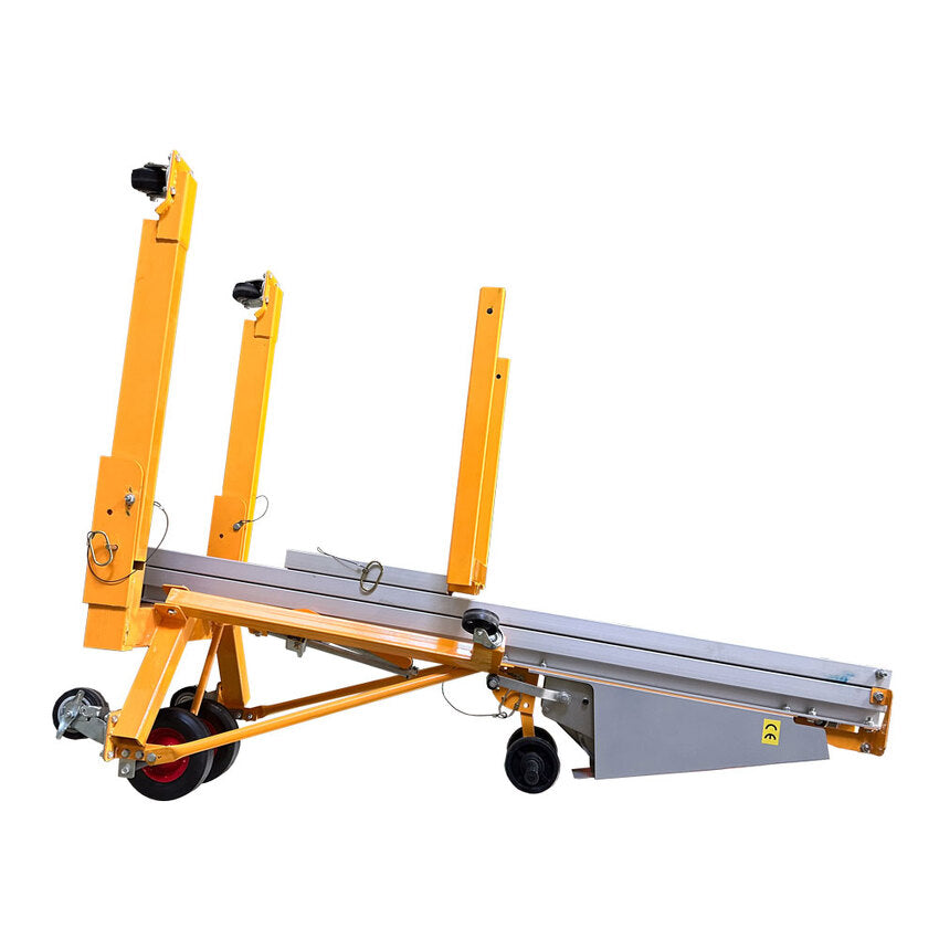 A yellow construction hoist with adjustable arms and wheels, designed for lifting materials efficiently on job sites.