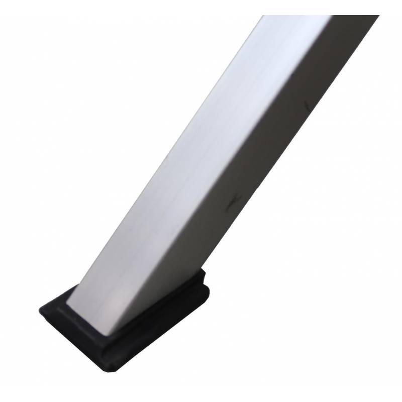 Close-up of a metal leg with a sleek silver finish, featuring a black rubber stopper at the base for stability and grip.