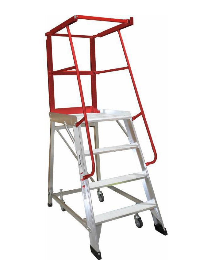 A silver metal rolling ladder with four steps and a red safety railing at the top, designed for reaching high places.
