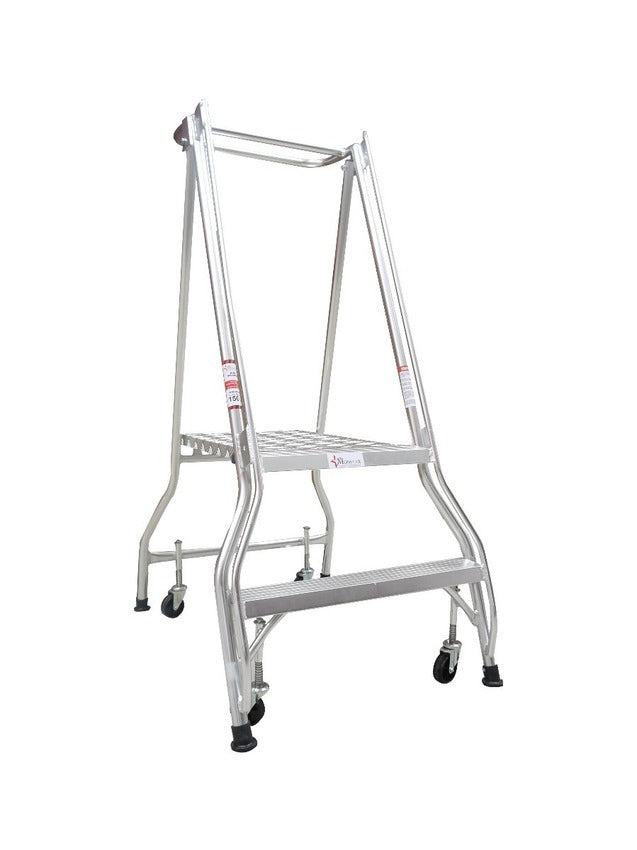 Monstar's tall, aluminum step ladder with two steps and four wheels for easy mobility, set against a plain white background.