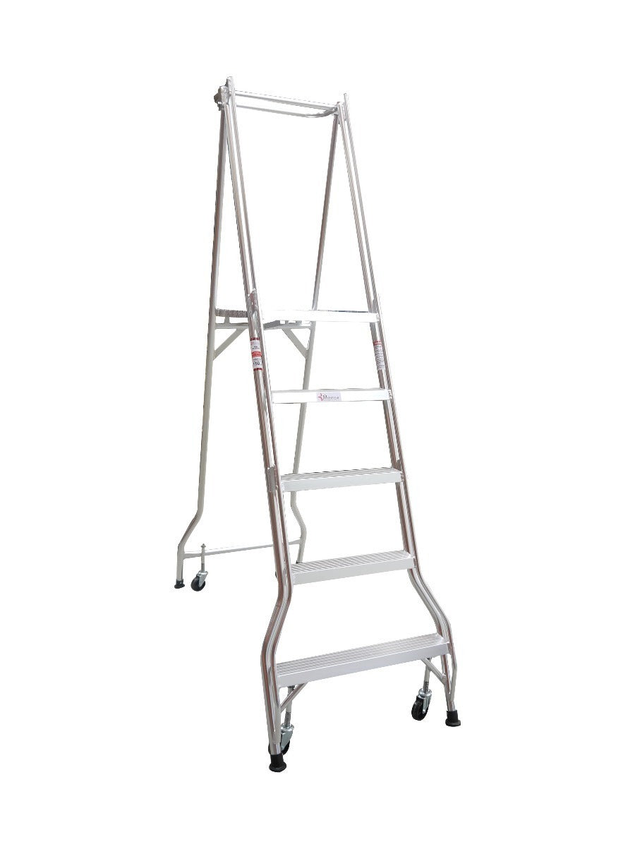 Monstar's tall, aluminum step ladder with five steps and four wheels for easy mobility, set against a plain white background.
