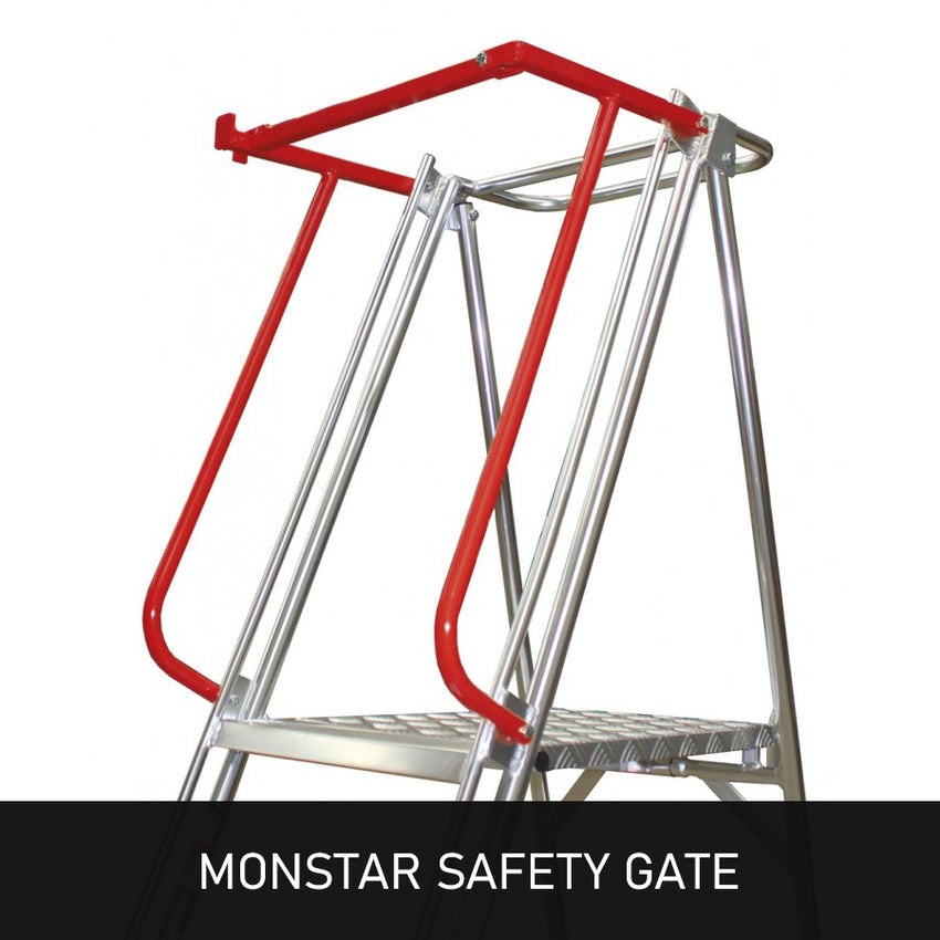 A close-up of the Monstar Safety Gate, featuring a red top bar and silver frame, designed for enhanced safety on ladders.