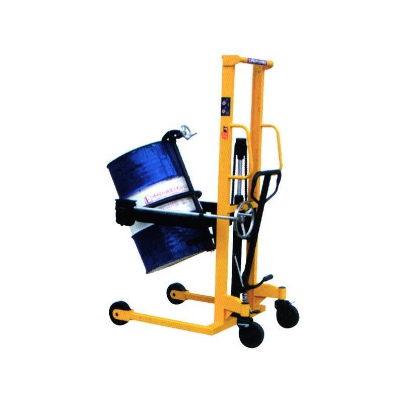A yellow drum lift with a blue barrel, designed for easy handling and transport of heavy containers, featuring wheels for mobility.