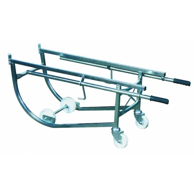 A metallic, wheeled cart designed for transporting steel drums, featuring a curved frame and sturdy handles for maneuverability.