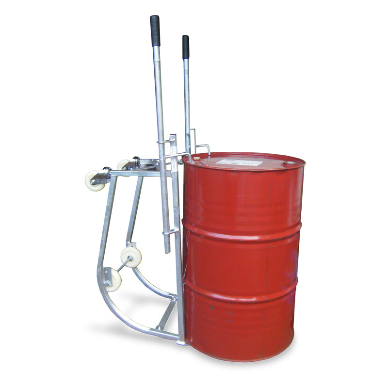 A red metal drum on a metal cart with handles and wheels, designed for easy transportation and handling of heavy materials.