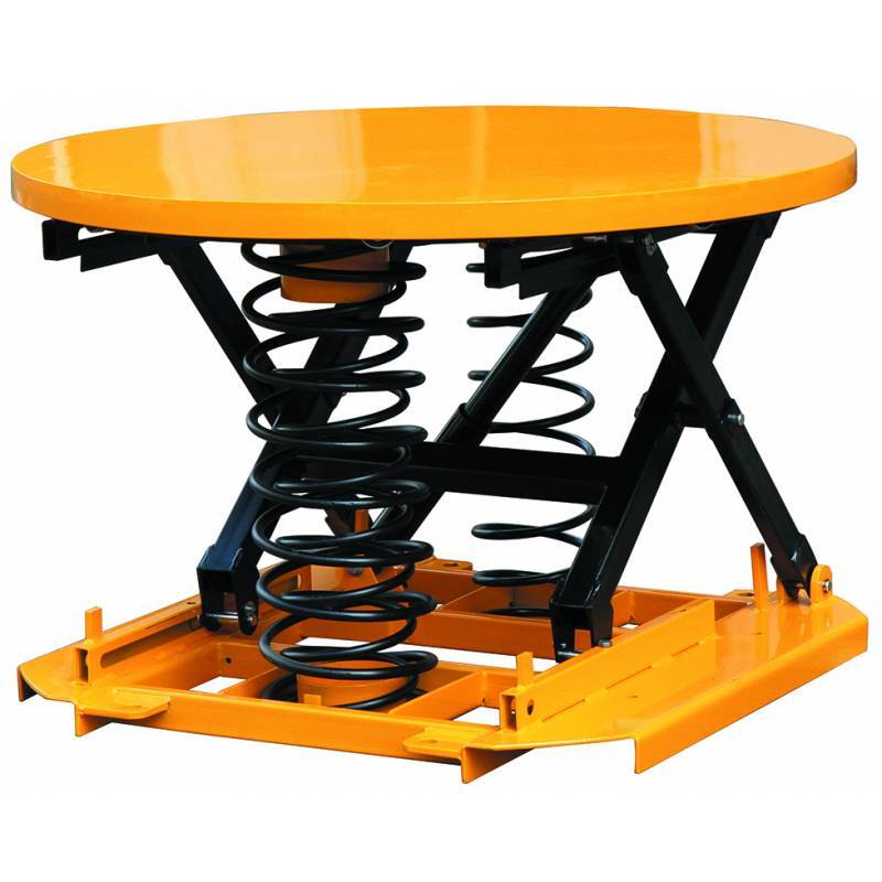 A spring-loaded round lift table with an orange top and black springs, designed for elevating and lowering heavy objects.