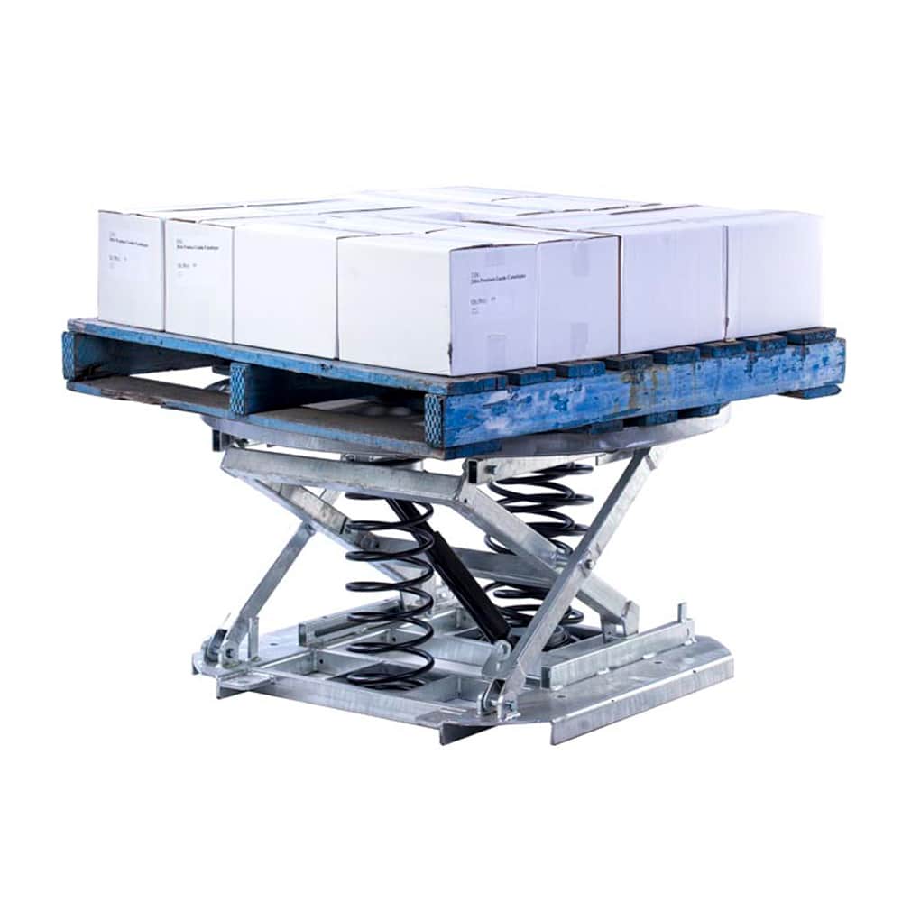 A blue pallet elevating a stack of white cardboard boxes, supported by a hydraulic scissor lift mechanism.