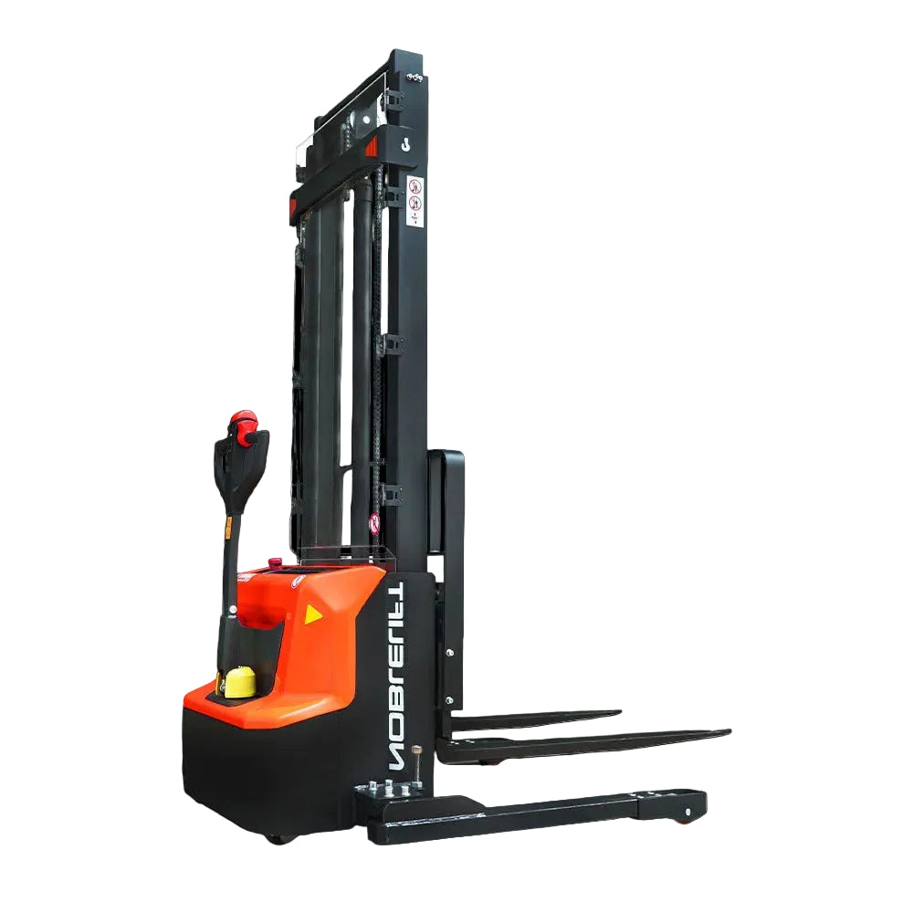 A modern orange and black electric stacker with a lifting mast and forks, designed for material handling in warehouses.
