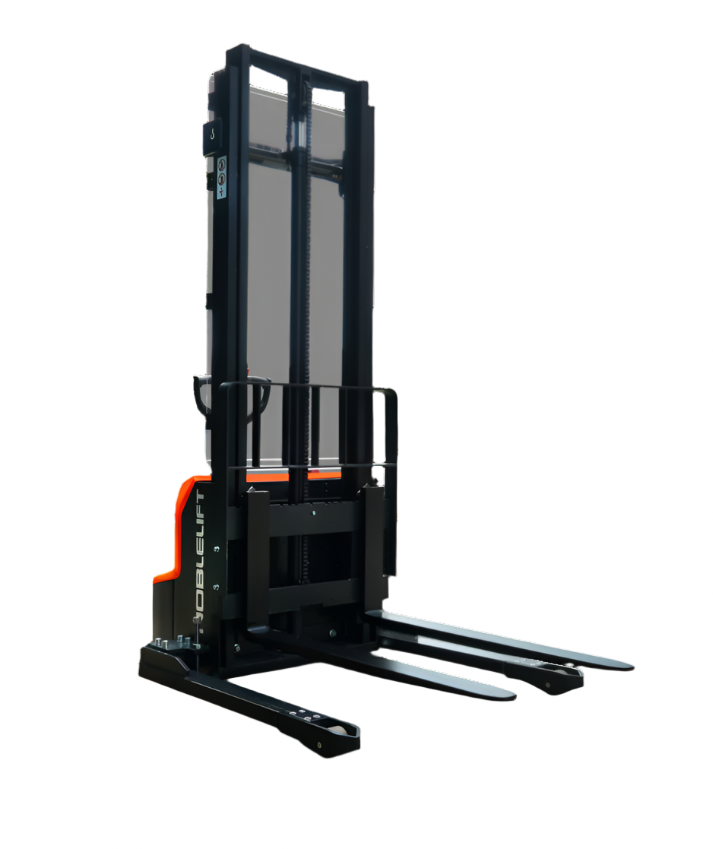 A compact electric stacker with dual forks, vertical mast, and safety guard, designed for efficient material handling.