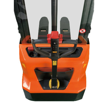 Top view of an orange electric pallet stacker, featuring a black handle and control panel, designed for warehouse material handling.