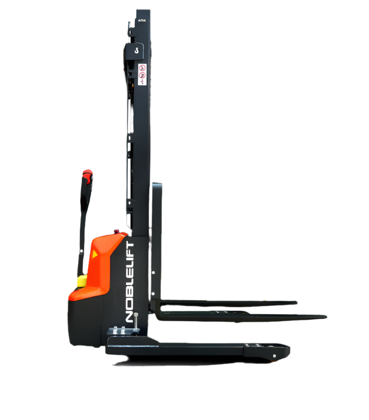 A side view of a Noblelift electric pallet stacker, featuring black forks and an orange control panel, designed for lifting and transporting pallets.