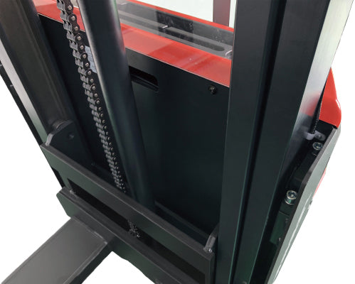 Close-up view of a forklift's lifting mechanism, highlighting the chain and metal structure of the mast.