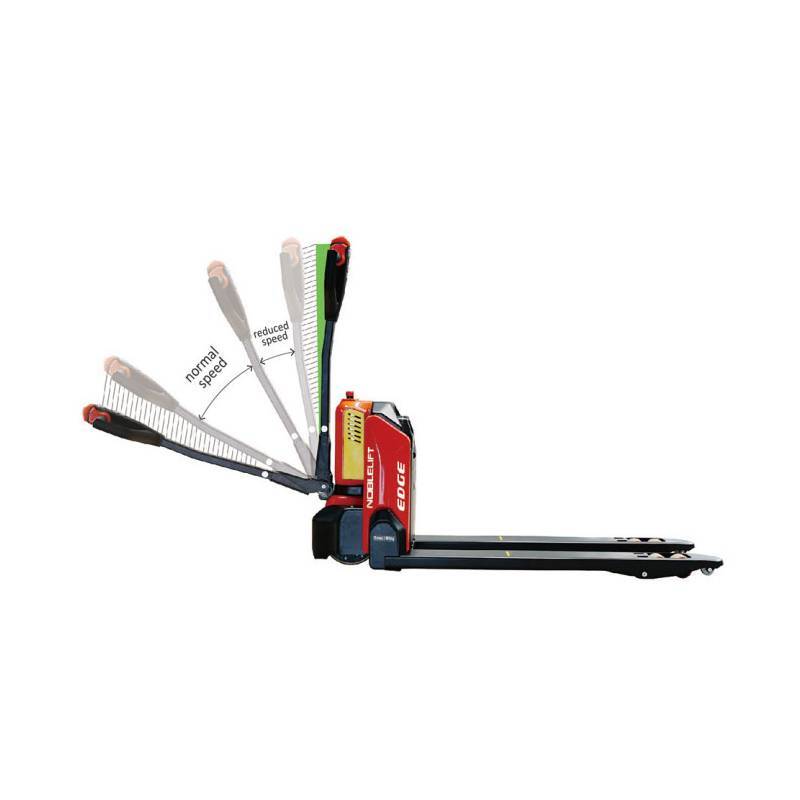 Electric pallet jack with adjustable forks, showing positions marked as "normal speed" and "reduced speed" for operational versatility.
