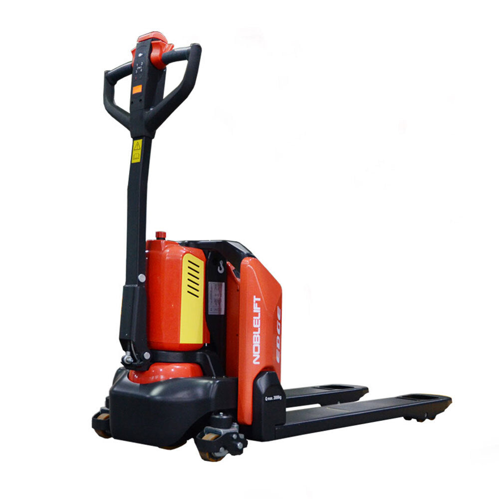 A red and black electric pallet jack with a vertical handle, designed for lifting and transporting heavy loads in warehouses.