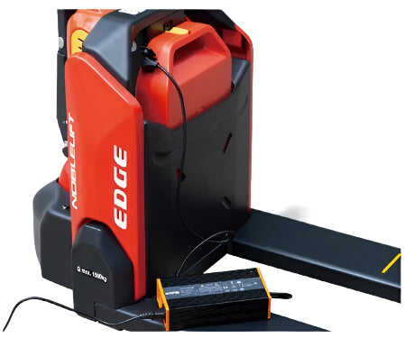 Image of a Noblelift EDGE electric pallet truck with a visible battery and charger connected, designed for efficient material handling.