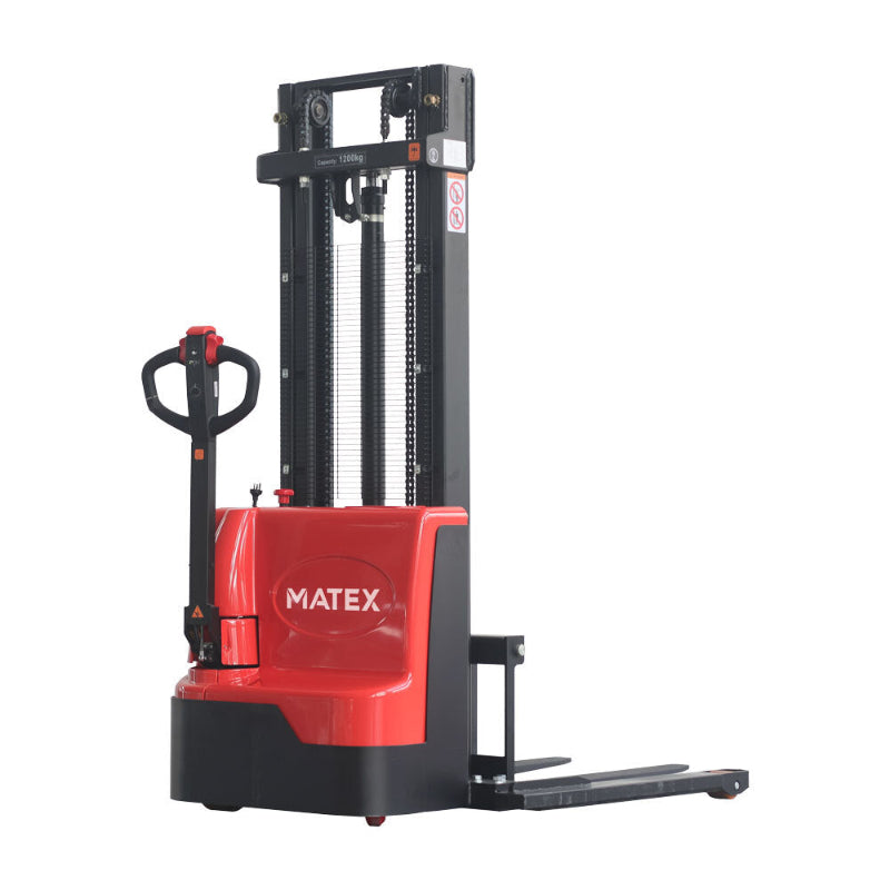 A red and black Matex stacker, featuring a lift mechanism, ergonomic handle, and a capacity of 1200kg, designed for warehouse use.