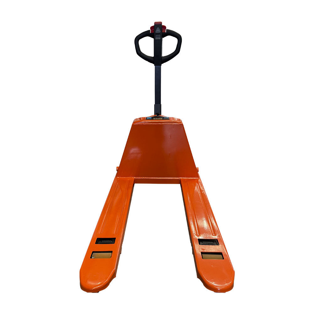 Front view of an orange pallet jack with a black handle, designed for lifting and moving heavy loads in warehouses.