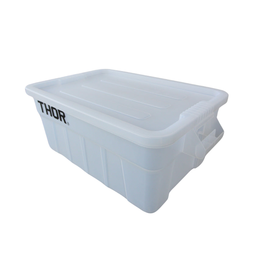 Clear plastic storage container with a ribbed lid and 'THOR' logo, featuring side handles for easy transport.