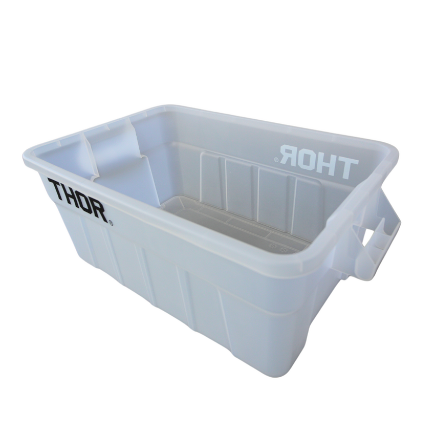 Side view of a large clear storage container with the lid off, side handles for easy grip and "Thor" logo displayed.