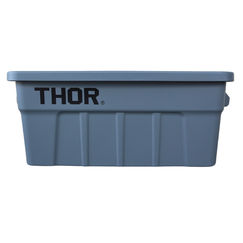 Front view of a grey plastic storage container with a ribbed sides and 'THOR' logo, featuring side handles.